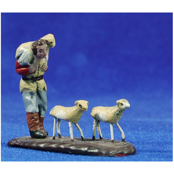 Pastor con corderos 5 cm barro pintado Figuralia