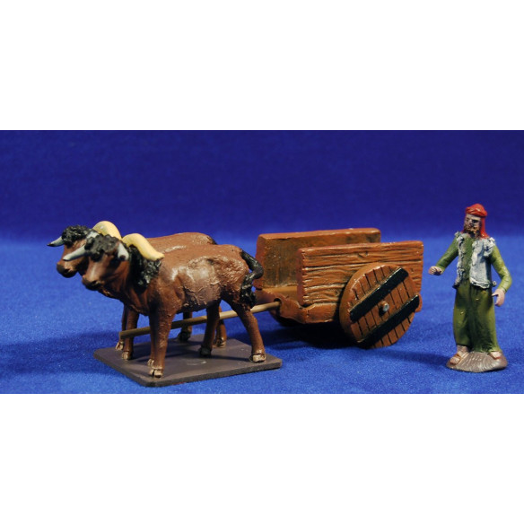 Pastore col carrello e due buè 7 cm terracotta dipinte Figuralia