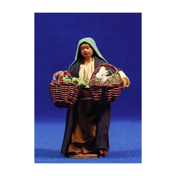 Pastora con cestos con conejo y zanahorias 10 cm ropa y barro