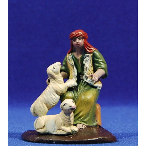 Pastore seduto con agnelli 7 cm terracotta dipinte Figuralia