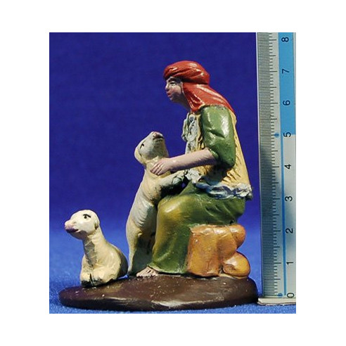 Pastore seduto con agnelli 7 cm terracotta dipinte Figuralia