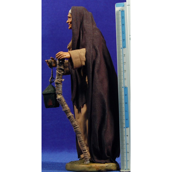 Old woman with lantern and stick 20 cm clay and clothes