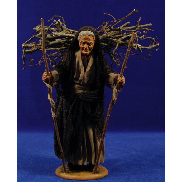 Old woman with bundle of firewood  25 cm clay and clothes