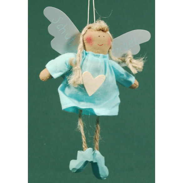 Blue dressed angel with wood heart 18 cm clothes Baden