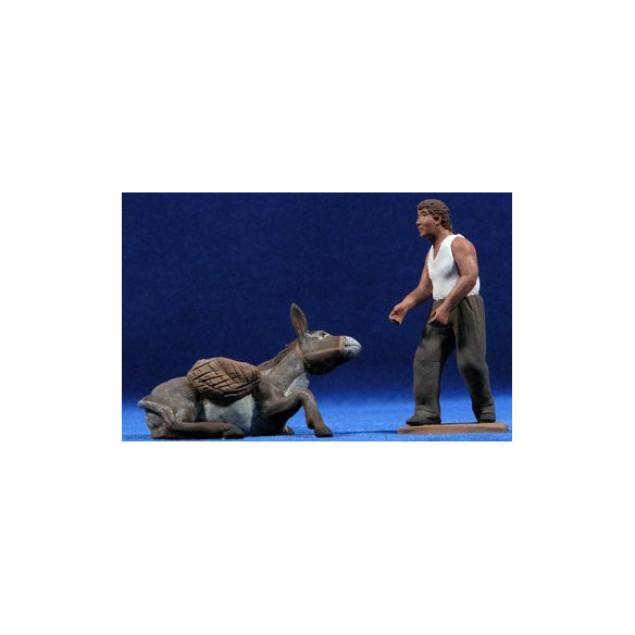 Pastore catalano con asino sdraiato 12 cm terracotta dipinte Delgado