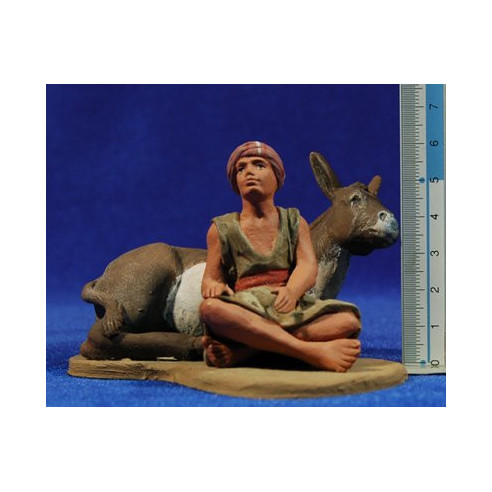 Shepherd lying hebrew with donkey 12 cm clay painted Delgado