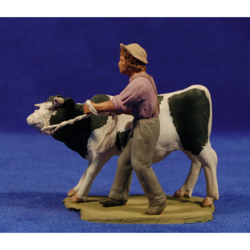 Pastore populare con mucca 8 cm terracotta dipinte Delgado