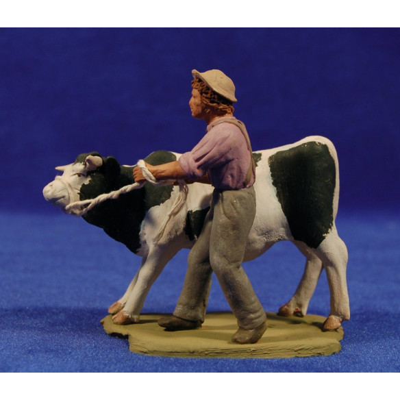 Pastore populare con mucca 8 cm terracotta dipinte Delgado