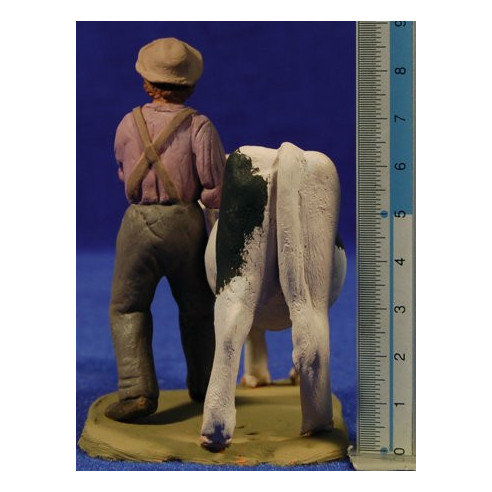 Pastore populare con mucca 8 cm terracotta dipinte Delgado