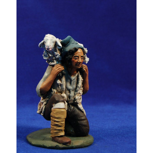 Shepherd addoring with a lamb 18 cm clay painted