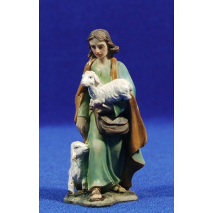Shepherd with a lamb on arms and other on side 8 cm resin Belenes Puig