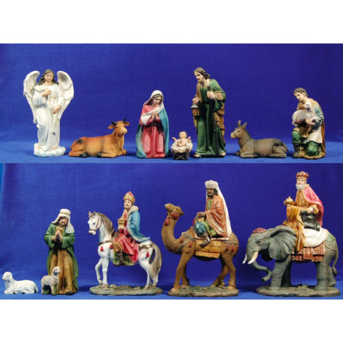 Natività con i re magi camello, elefante, cavallo e pastore 20 cm resina