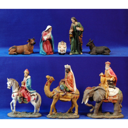 Natività con i re magi in camello, elefante e cavallo 19 cm resina