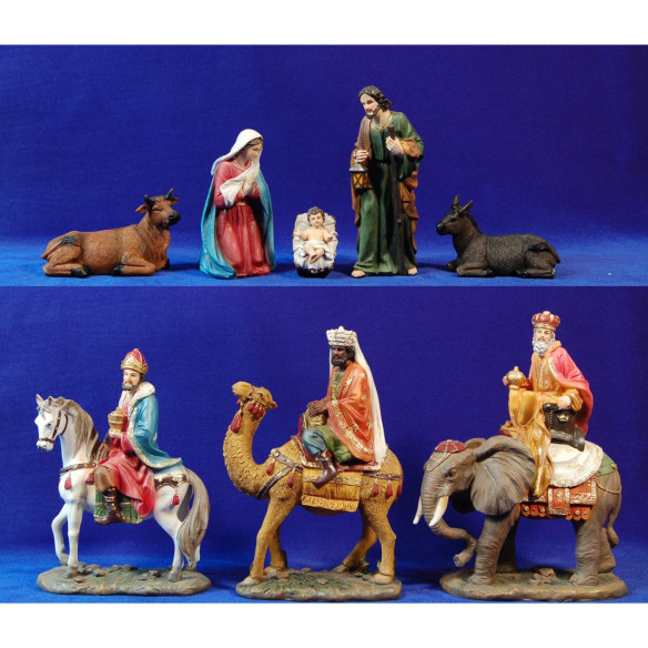 Natività con i re magi in camello, elefante e cavallo 19 cm resina