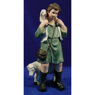 Shepherd with a lamb with a lamb and other on feets 32 cm resin