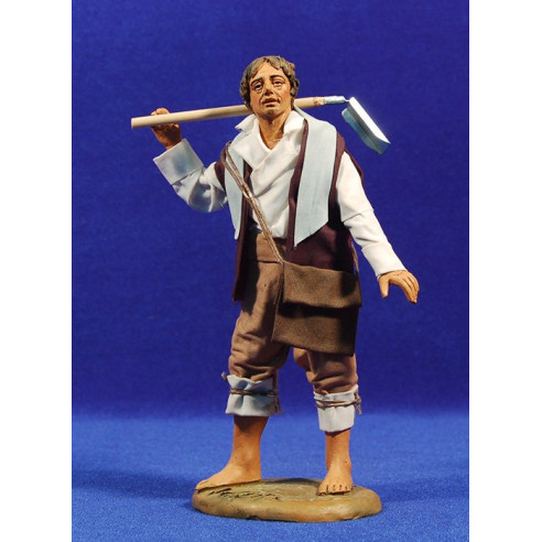 Pastore contadino con zappa 20 cm stoffe e terracotta