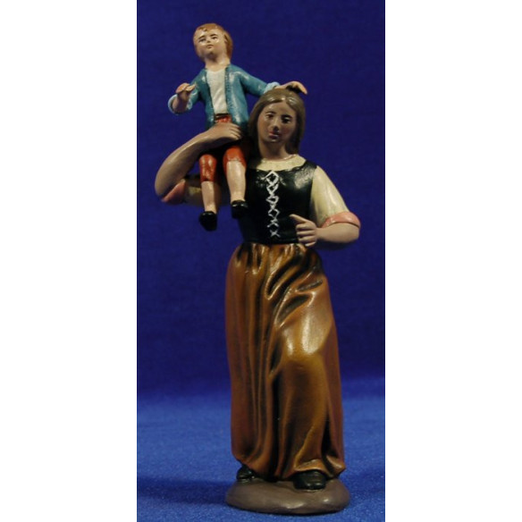 Woman with girl on the shoulders 16 cm clay painted Figuralia