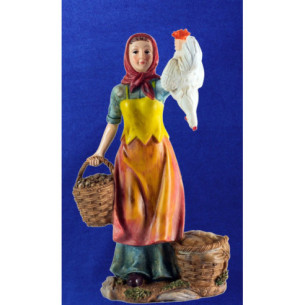 Pastore venditora con gallina e cestini 25 cm resina
