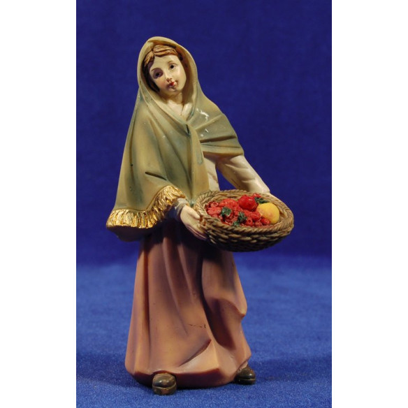 Pastora amb cistella fruita 15 cm resina