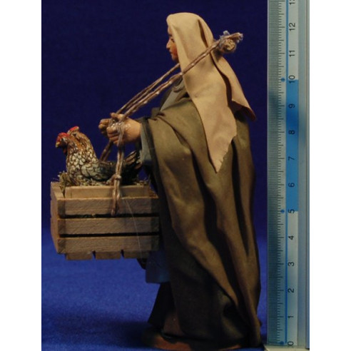 Donna con cassetta gallina 13 cm stoffe e terracotta