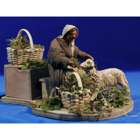Pastora con cordero movimiento 12 cm barro y ropa