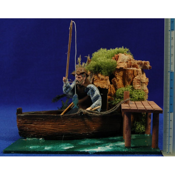 Pescatore sulla barca in movimento 10 cm stoffe e plastica