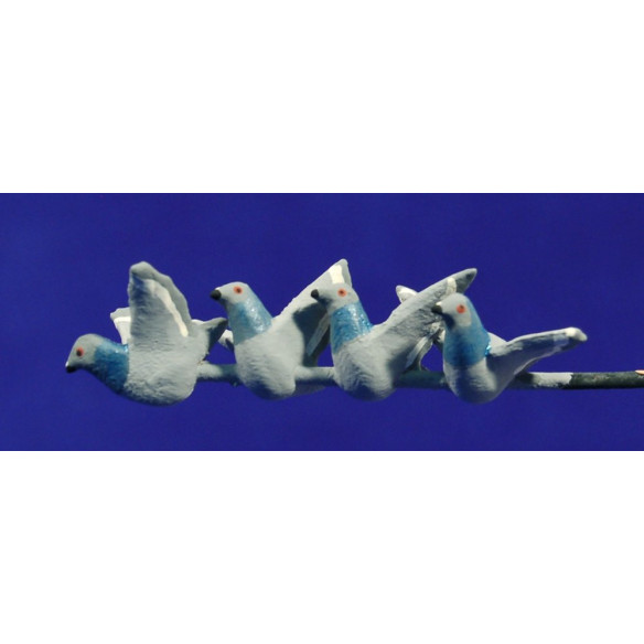 Bandada cuatro palomas grisas vuelan 9 cm barro pintado AB