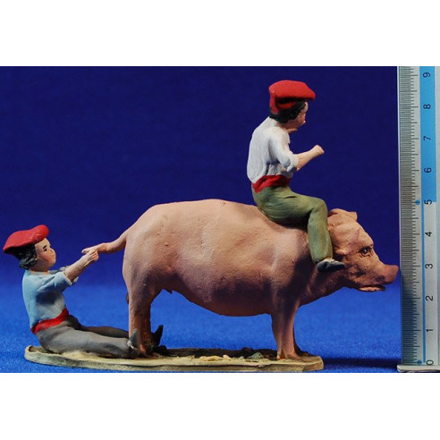 Bambini con maiale 10 cm terracotta dipinte De Francesco