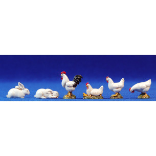 Grupo gallinas, gallo y conejo blancos 10 cm plástico Moranduzzo - Landi