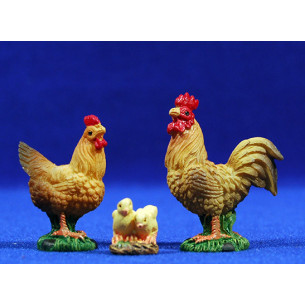 Gallo e gallina con pulcini 12-15 cm resina
