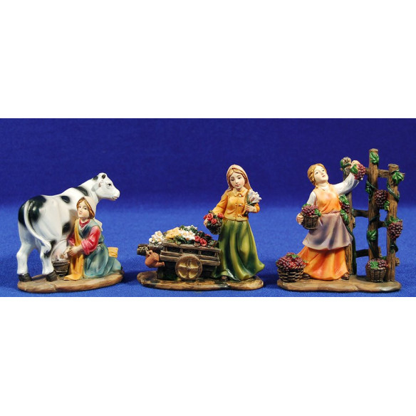 Gruppo di 3 pastorelle variati mestiere 10 cm resina