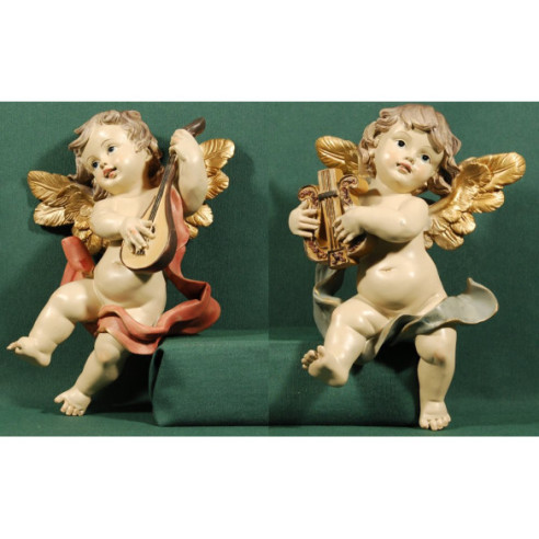 Gruppo due angeli musicanti appesi 22 cm resina