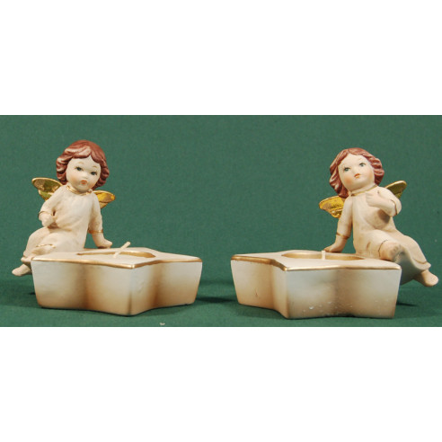 Two standing angels candleholder 9 cm resin