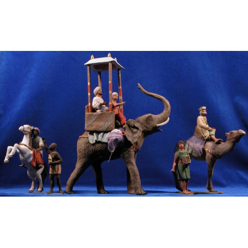 Reyes caballo, camello y elefante 12 cm barro pintado Delgado