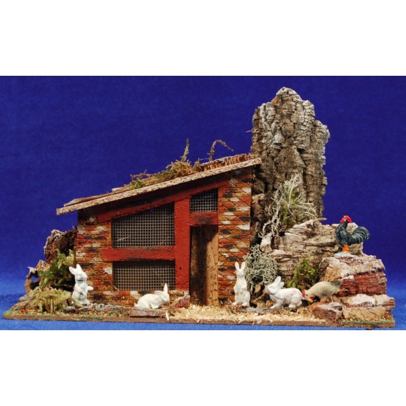 Barnyard of rabbits and a rooster 8 cm cork and plastic