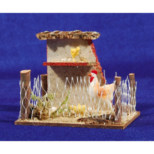 Gallinero con  gallina y pollitos 8 cm corcho y plástico