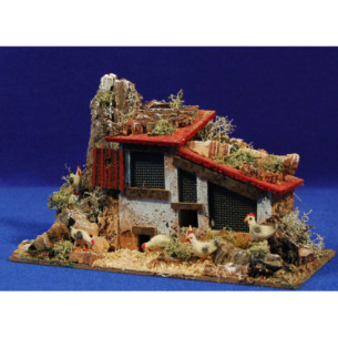 Gallinero con gallinas y gallo 8 cm corcho y plástico