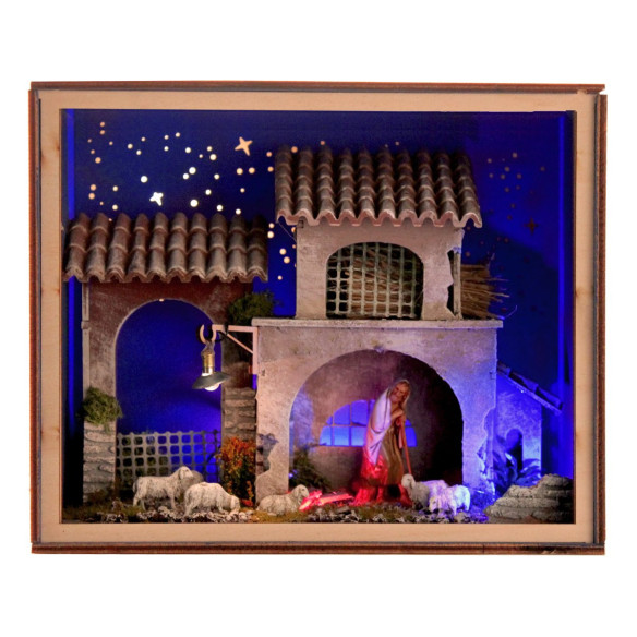 Nativity Box  Natività con figure pastore con pecore e casa 6,5 cm legno plastica