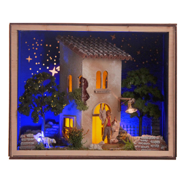 Nativity Box Belén con figuras pastor venedor gallinas  6,5 cm corcho plastico