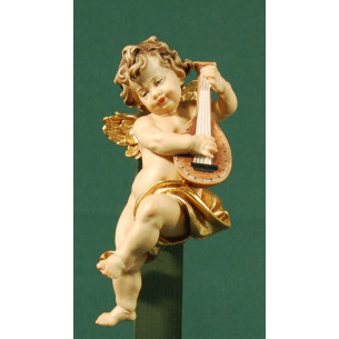 Angel musician with lute to hang  15 cm painted wood