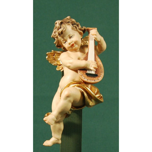 Angel musician with lute to hang  15 cm painted wood