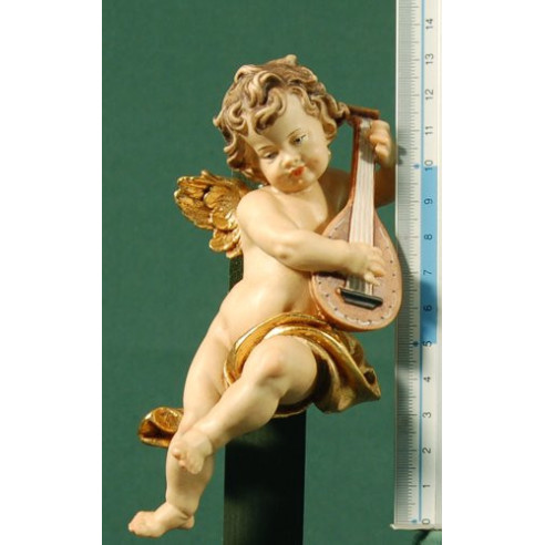 Angel musician with lute to hang  15 cm painted wood