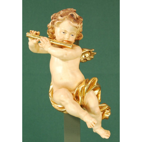 Angel musician with flute to hang  20 cm painted wood