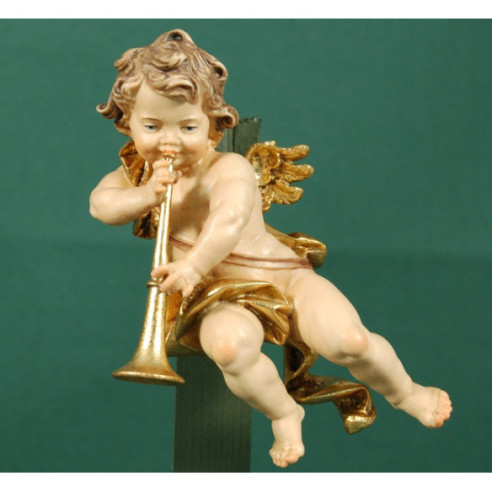 Àngel músic amb trombó penjar 15 cm fusta pintada