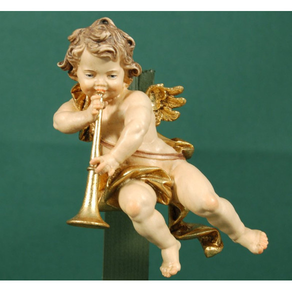 Àngel músic amb trombó penjar 15 cm fusta pintada