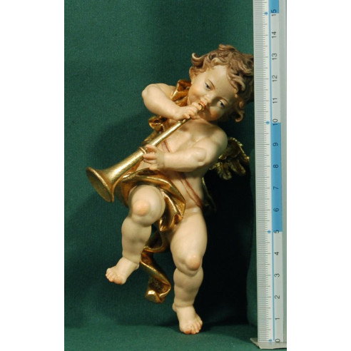 Putto musicista con trombone appesi 15 cm legno depinto