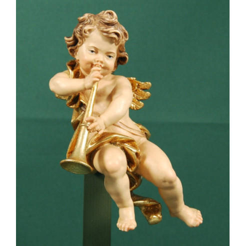 Putto musicista con trombone appesi 20 cm legno depinto