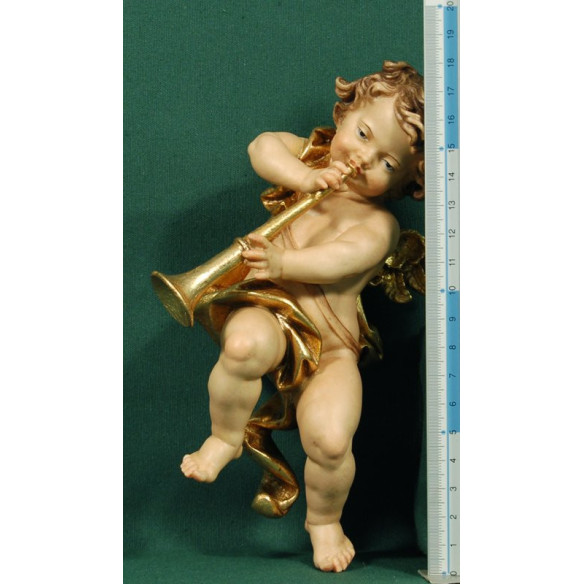 Putto musicista con trombone appesi 20 cm legno depinto