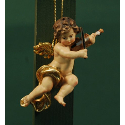 Ángel músico con violín colgar 6 cm madera pintada