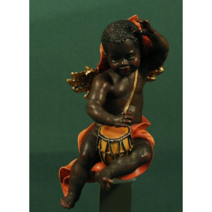 Black angel with drum to hang  15 cm painted wood